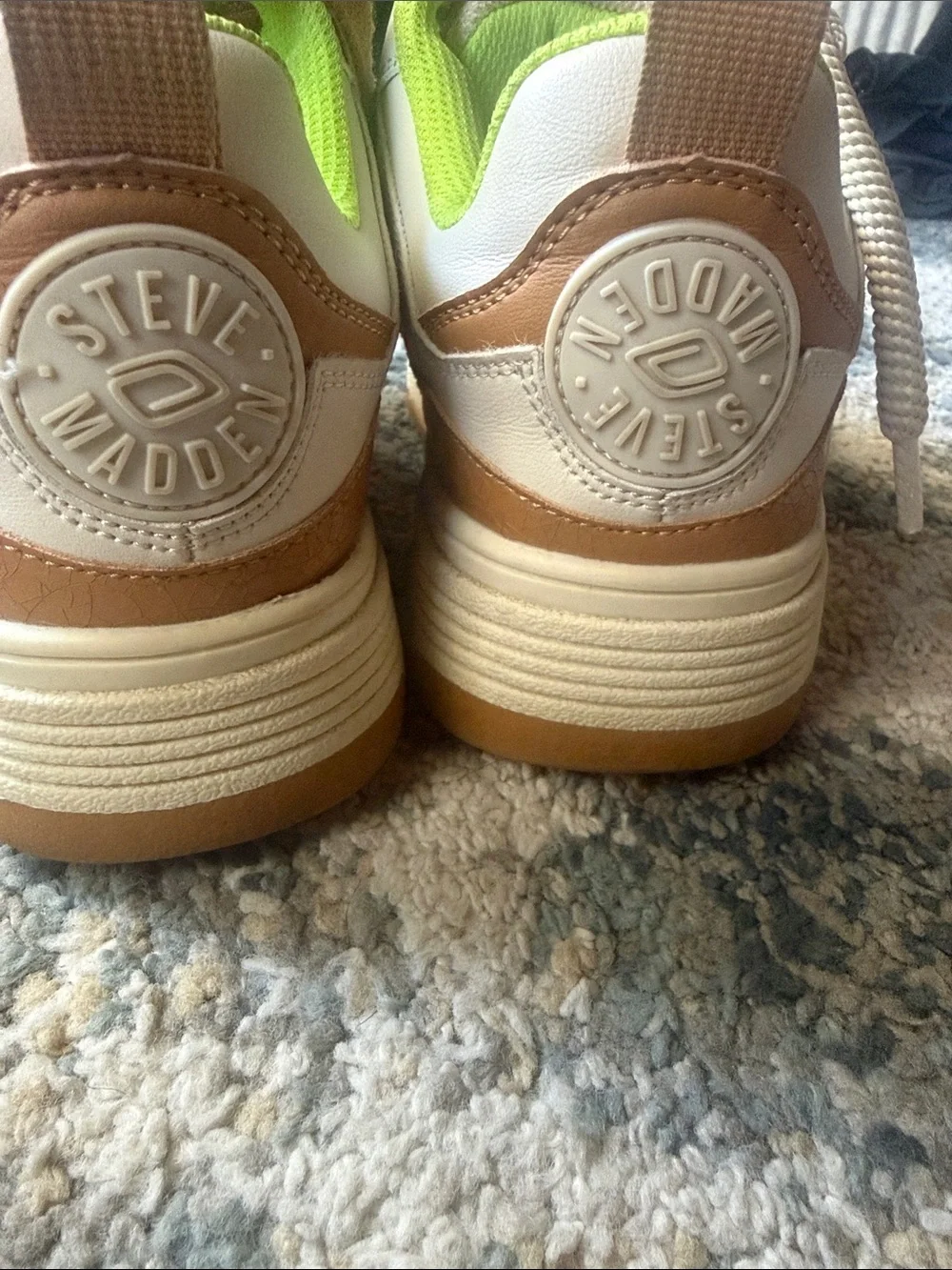 Kids White and Tan Athletic Sneakers with Lime Green Lining